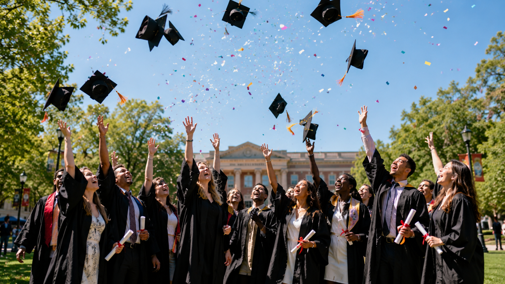 Group of graduates in caps and gowns tossing their caps into the air on a sunny university quad, diploma tubes visible in hand