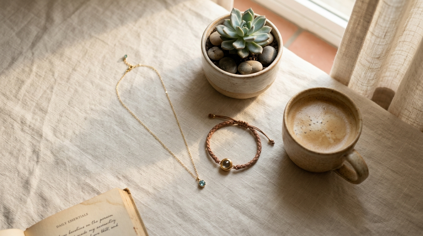 A flat lay of a delicate birthstone necklace and a braided photo projection bracelet on a soft cream fabric with coffee and a potted plant, warm morning sunlight, cozy self-care aesthetic.

