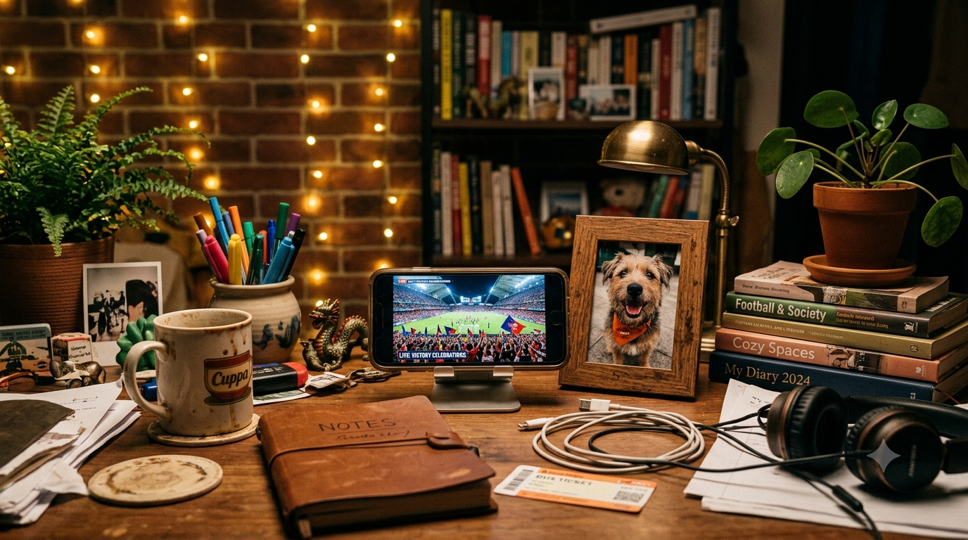 Cozy desk setup displaying dog photo frame, smartphone streaming football, notebooks, and books.