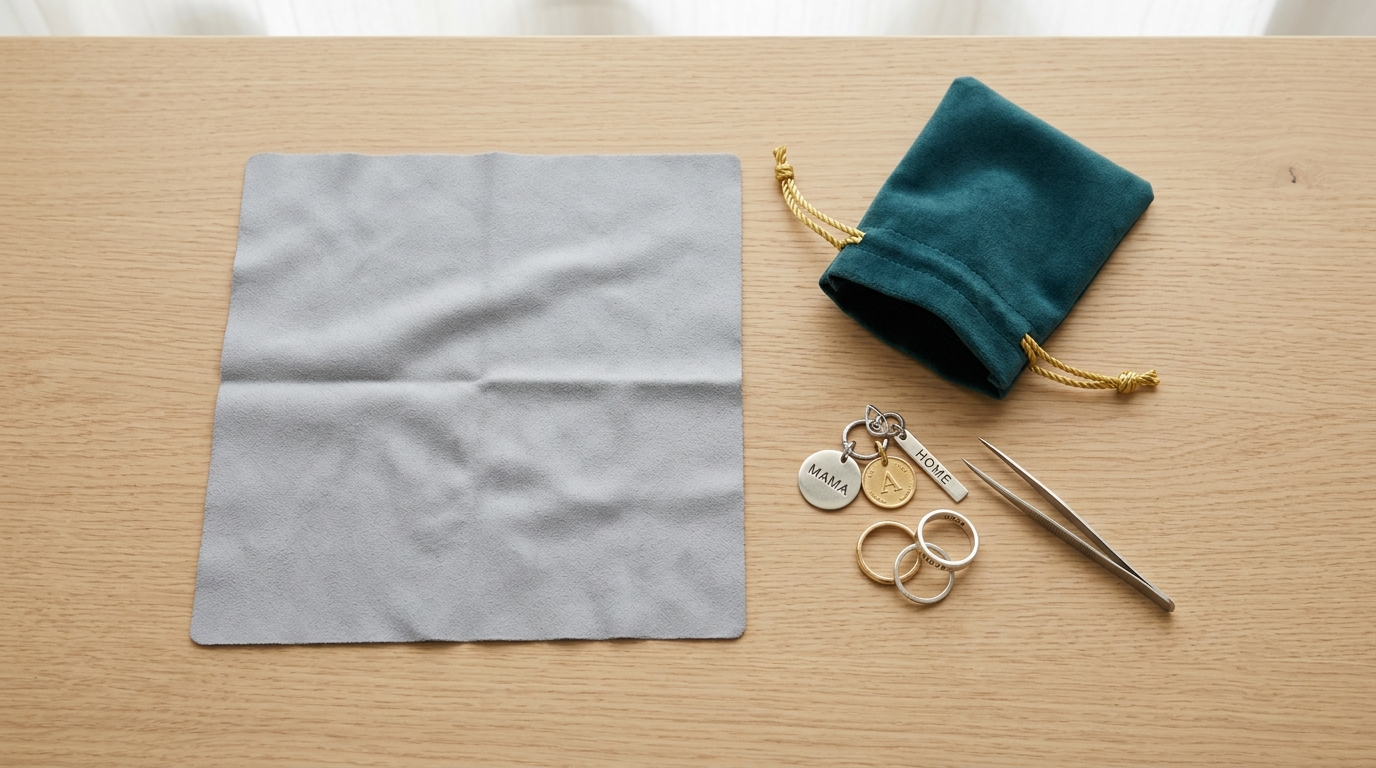 Small soft jewellery cleaning cloth and anti-tarnish pouch laid open next to a stack of personalised pendants and rings on a light wooden surface
