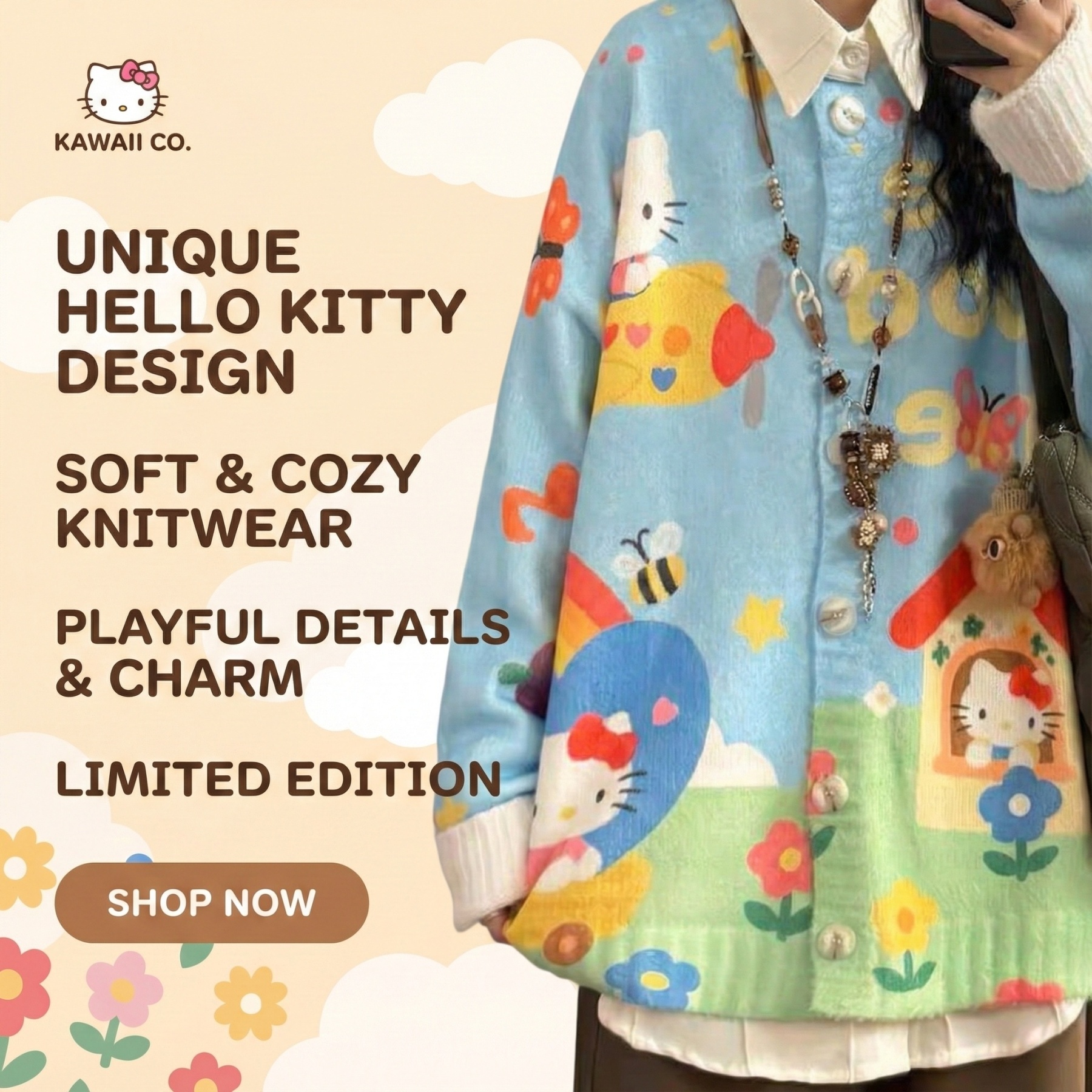【Sky Blue Kitty Cloud Cardigan】Wear the Sunshine｜Soft, Slimming & Healing  LEDLYY Best Seller｜The Dream Cardigan That Brightens Your Day Instantly ✨ Bright Sky Blue × Playful Kitty × Cloud-Like Softness ✨