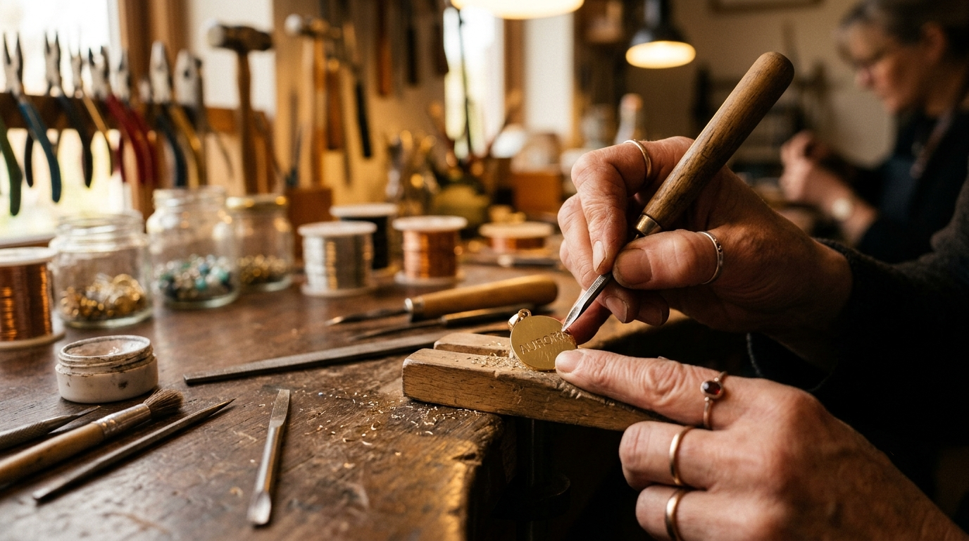 Jeweller's hands engraving a name onto a small gold pendant on a workbench, warm workshop light