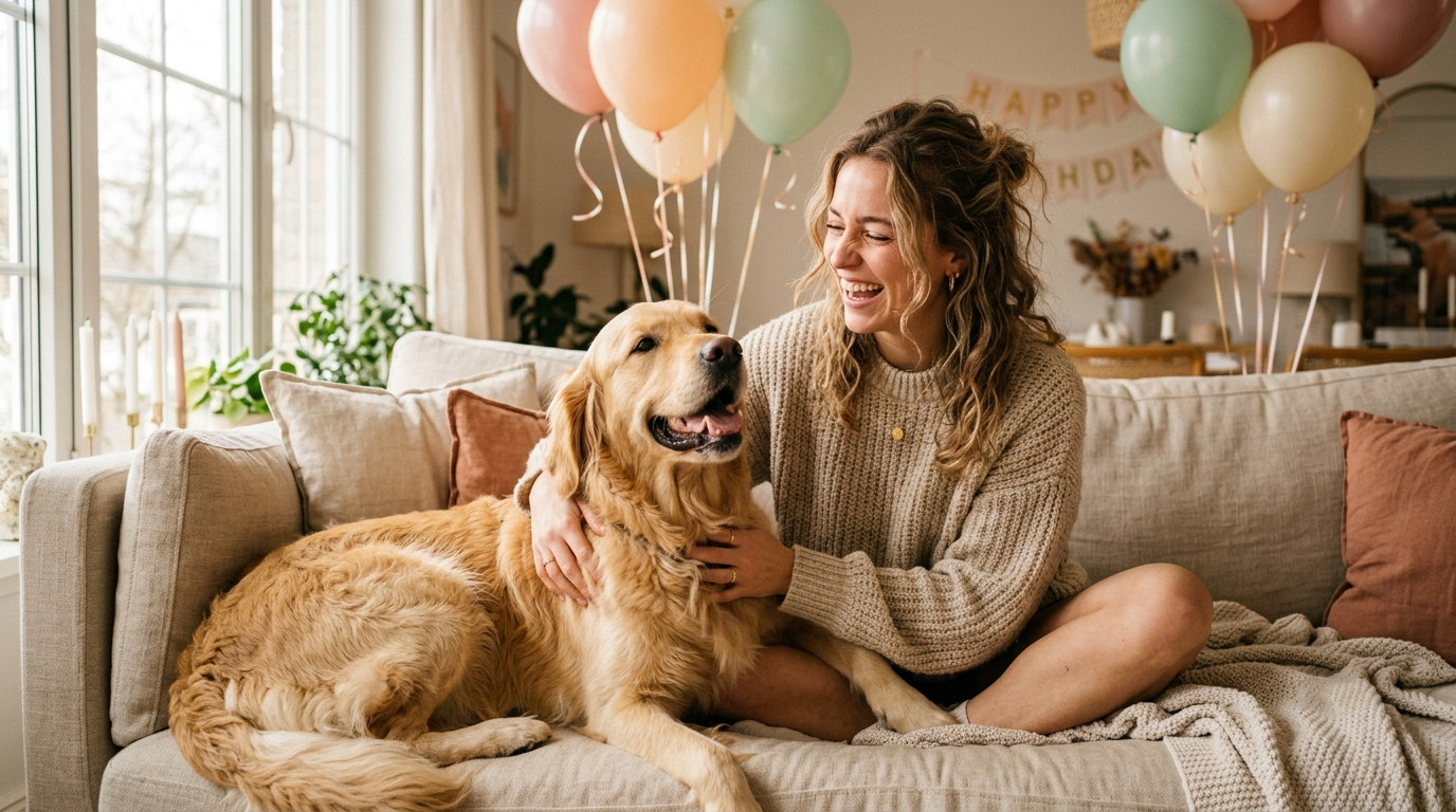 Woman in a cozy sweater laughing with her golden retriever on a sunlit sofa, birthday balloons softly out of focus in the background