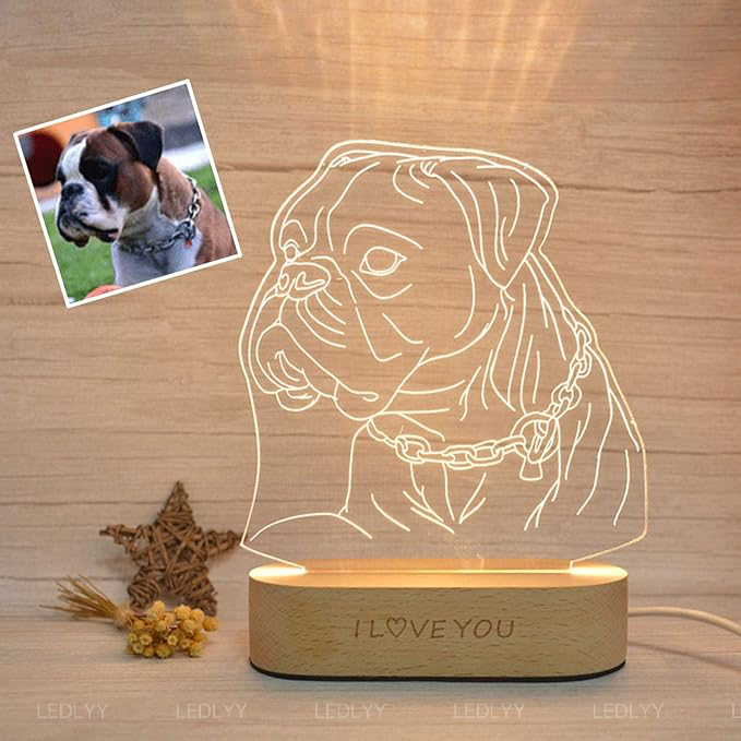 Romantic Customized 3D Photo Lamp Glass Night Light Hand Painted Minimalist Line Art Picture Engraved Illusion Luminous Sign Plaque with Wooden Stand, Anniversary Valentine's Day Birthday Gift