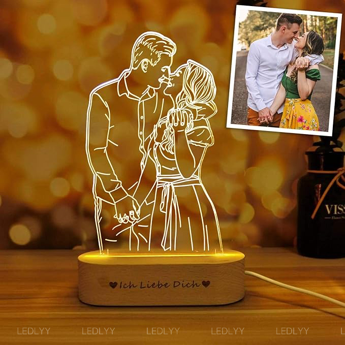 Romantic Customized 3D Photo Lamp Glass Night Light Hand Painted Minimalist Line Art Picture Engraved Illusion Luminous Sign Plaque with Wooden Stand, Anniversary Valentine's Day Birthday Gift