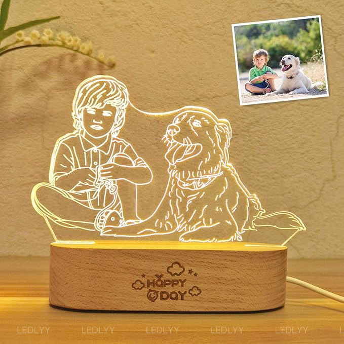 Romantic Customized 3D Photo Lamp Glass Night Light Hand Painted Minimalist Line Art Picture Engraved Illusion Luminous Sign Plaque with Wooden Stand, Anniversary Valentine's Day Birthday Gift