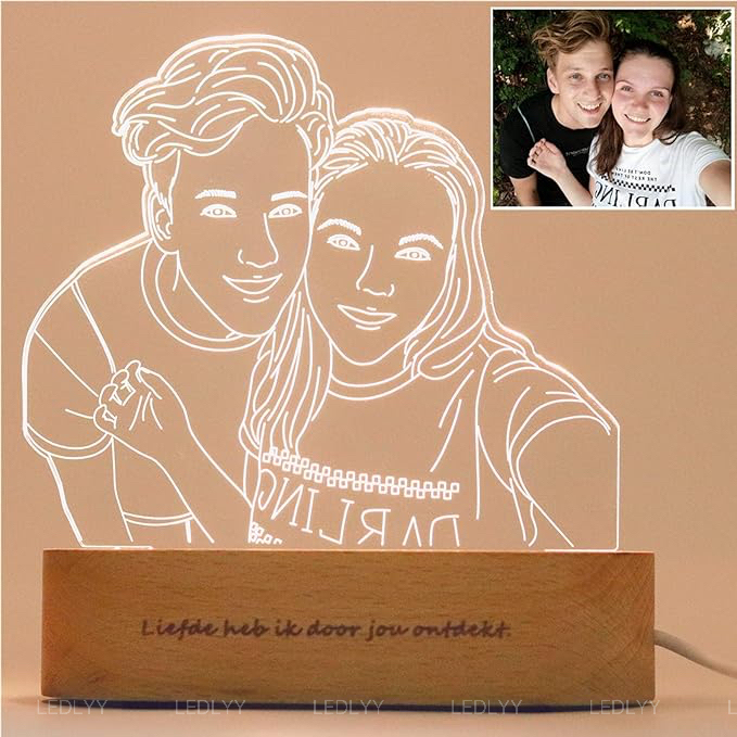 Romantic Customized 3D Photo Lamp Glass Night Light Hand Painted Minimalist Line Art Picture Engraved Illusion Luminous Sign Plaque with Wooden Stand, Anniversary Valentine's Day Birthday Gift