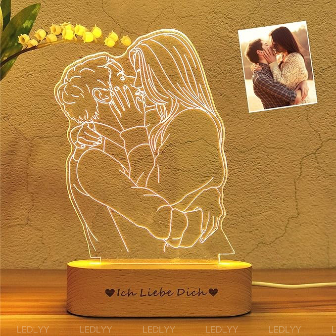 Romantic Customized 3D Photo Lamp Glass Night Light Hand Painted Minimalist Line Art Picture Engraved Illusion Luminous Sign Plaque with Wooden Stand, Anniversary Valentine's Day Birthday Gift