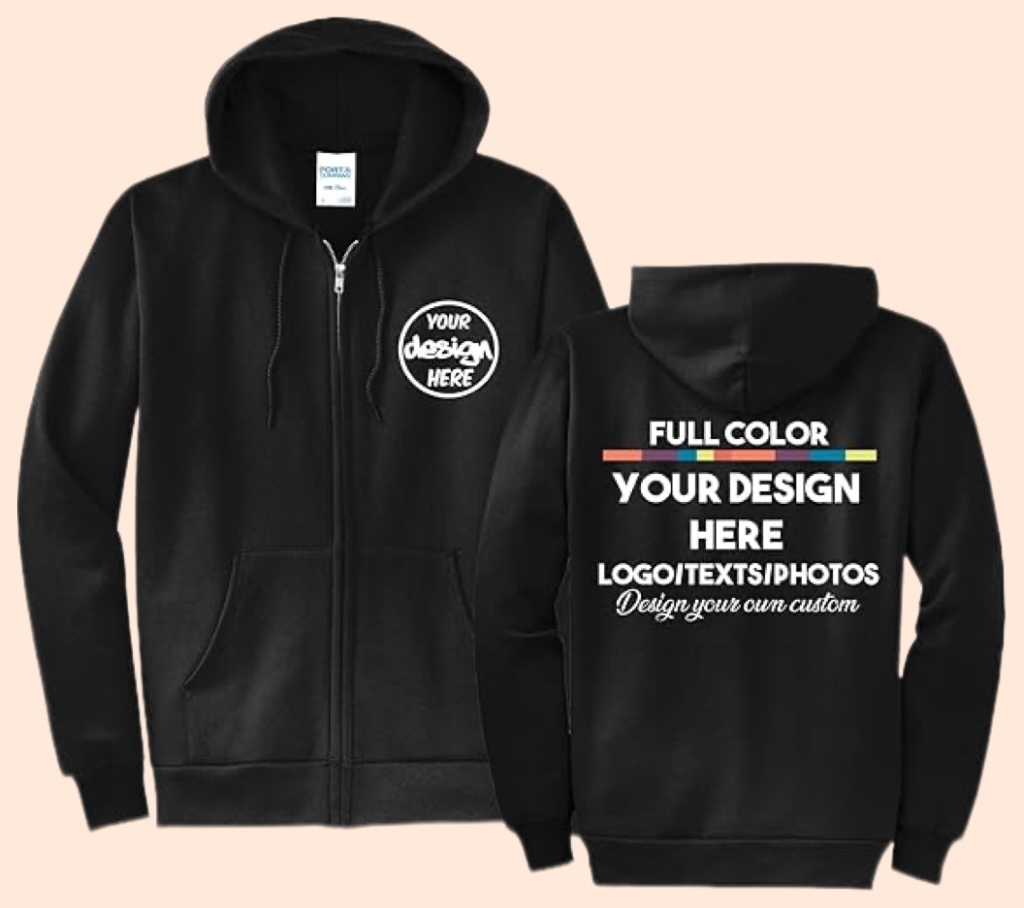 Customize your own clothes: hooded cardigan sweatshirt with zipper front and back printing