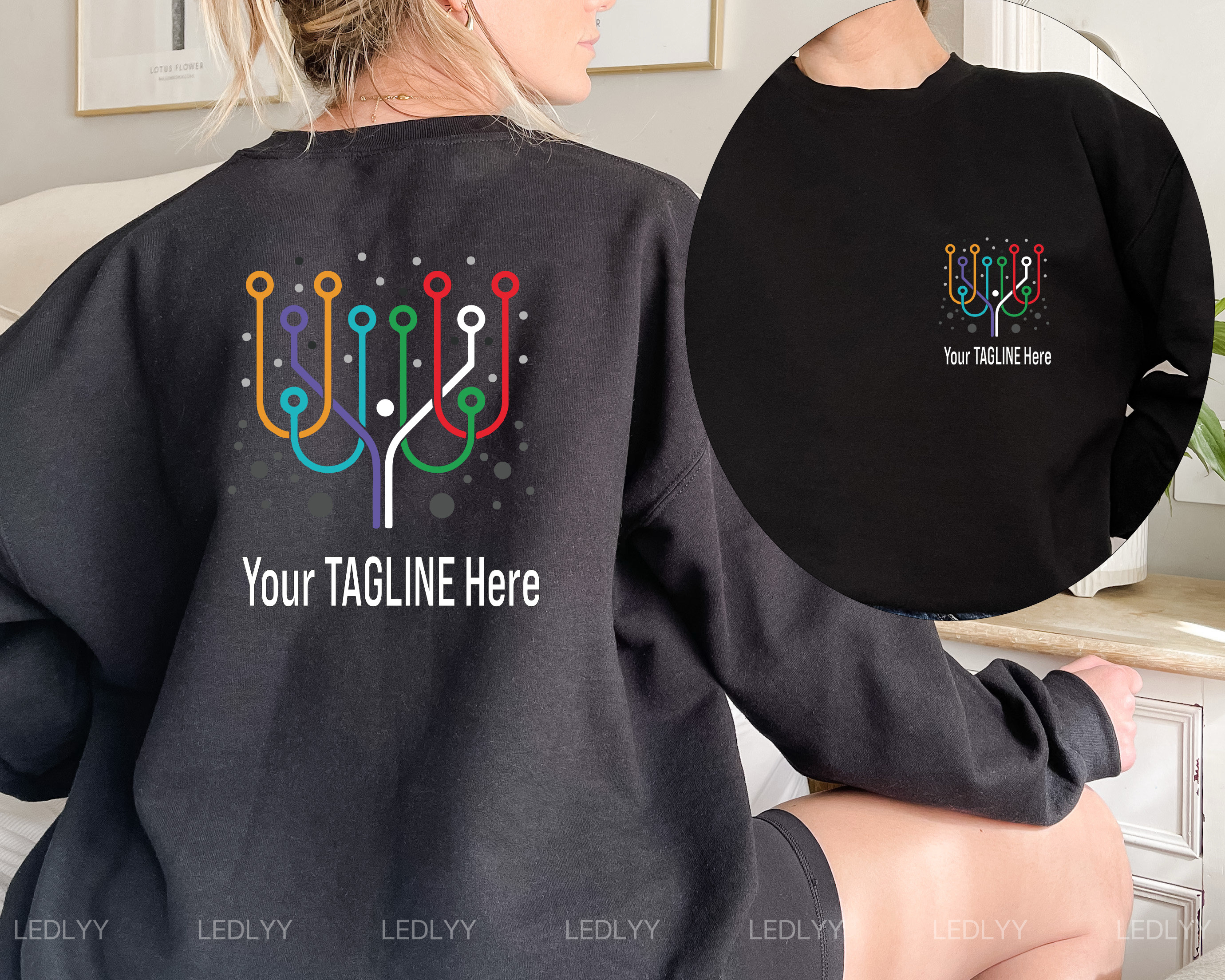 Detail of the custom logo sweatshirt fabric and printed design