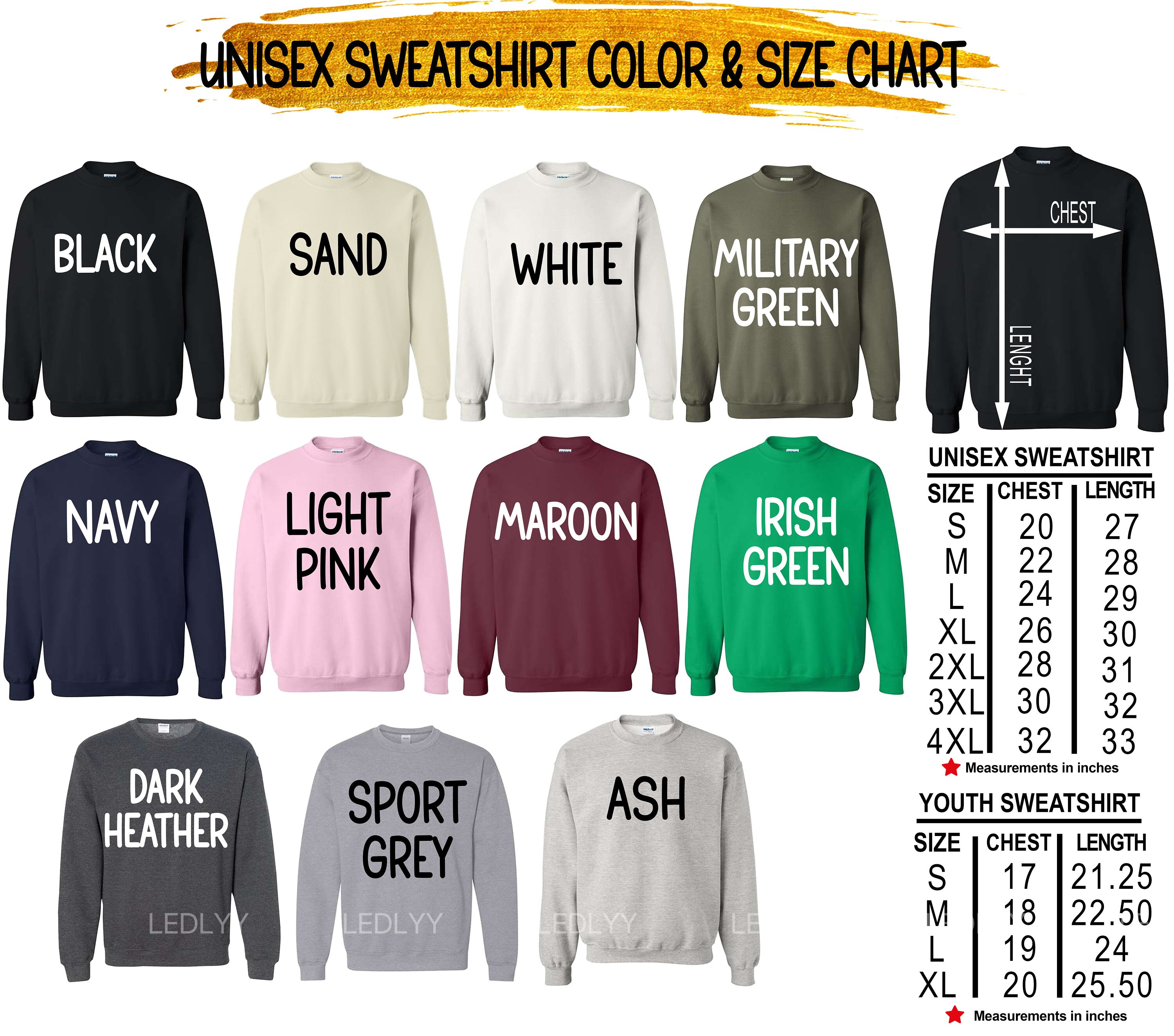 Size and color options for the custom logo sweatshirt shown on the listing