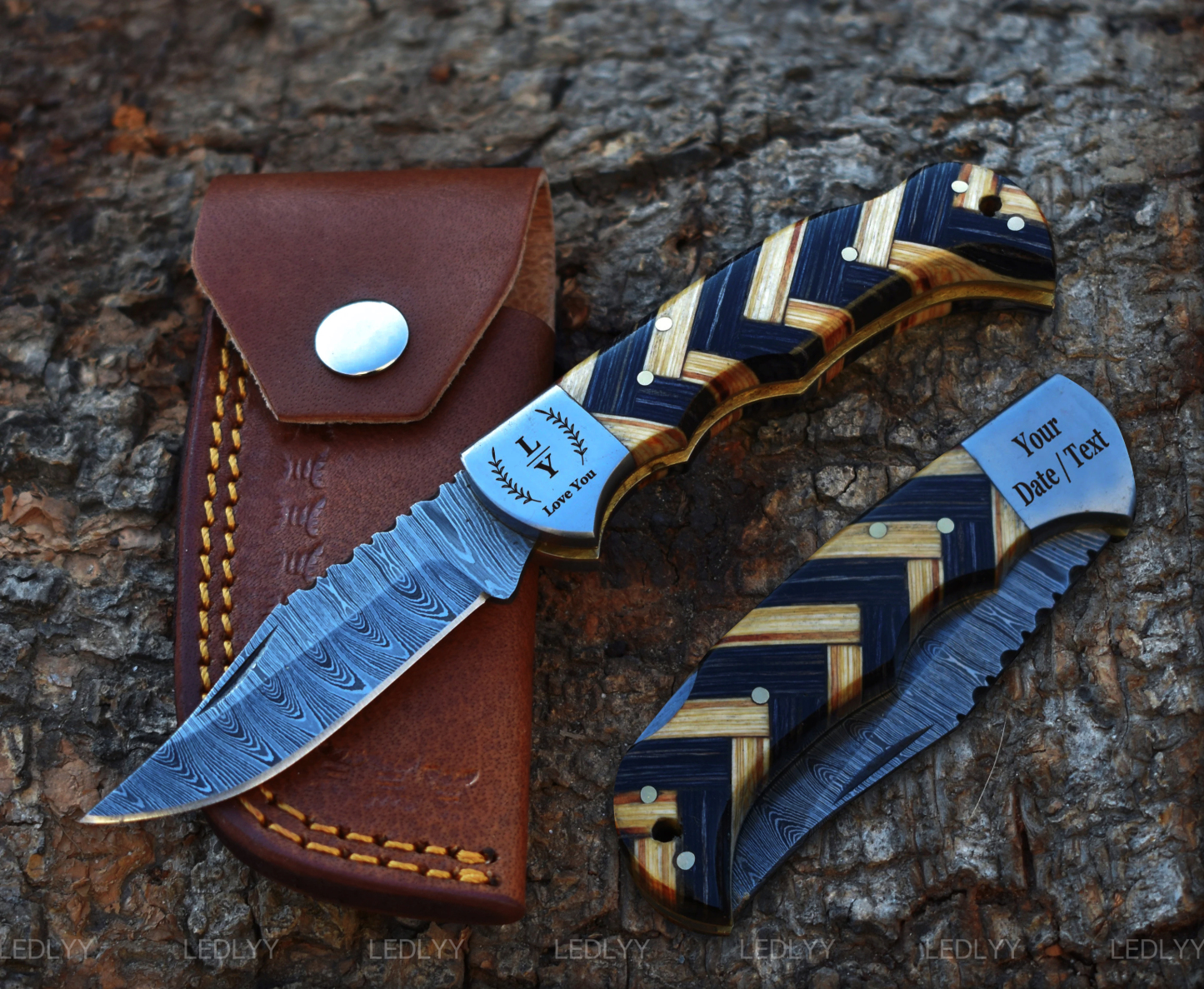 Handmade Damascus Pocket Knife with Olive Wood - Customized Gift for Men: Birthdays, Groomsmen, Anniversary & Wedding