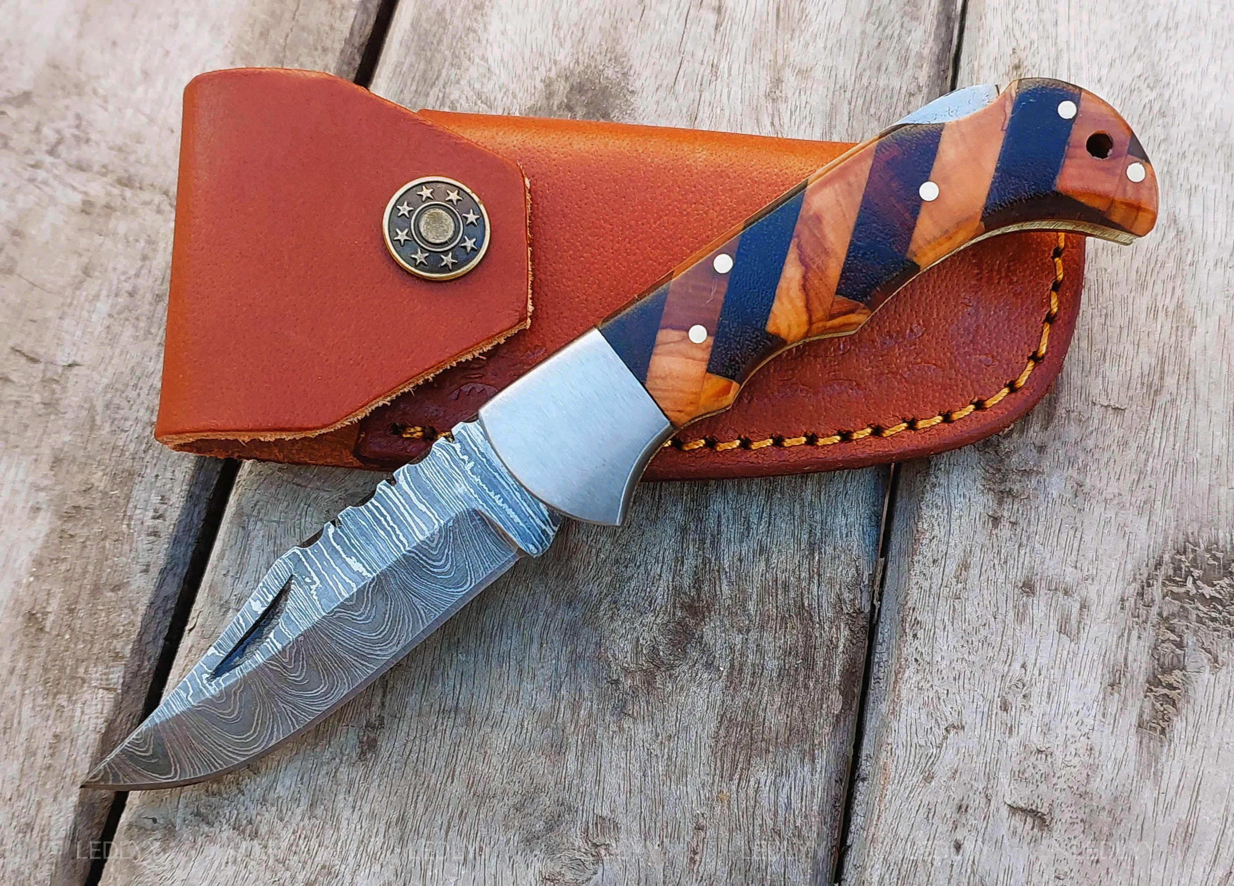 Handmade Damascus Pocket Knife with Olive Wood - Customized Gift for Men: Birthdays, Groomsmen, Anniversary & Wedding