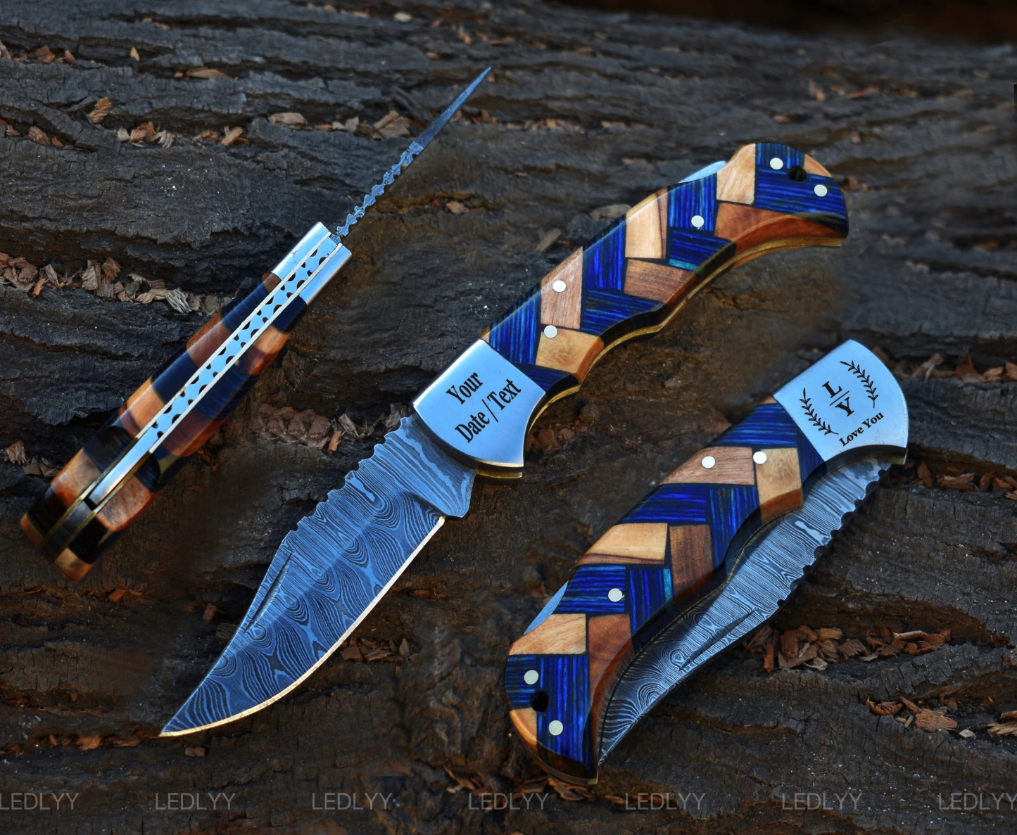 Handmade Damascus Pocket Knife with Olive Wood - Customized Gift for Men: Birthdays, Groomsmen, Anniversary & Wedding