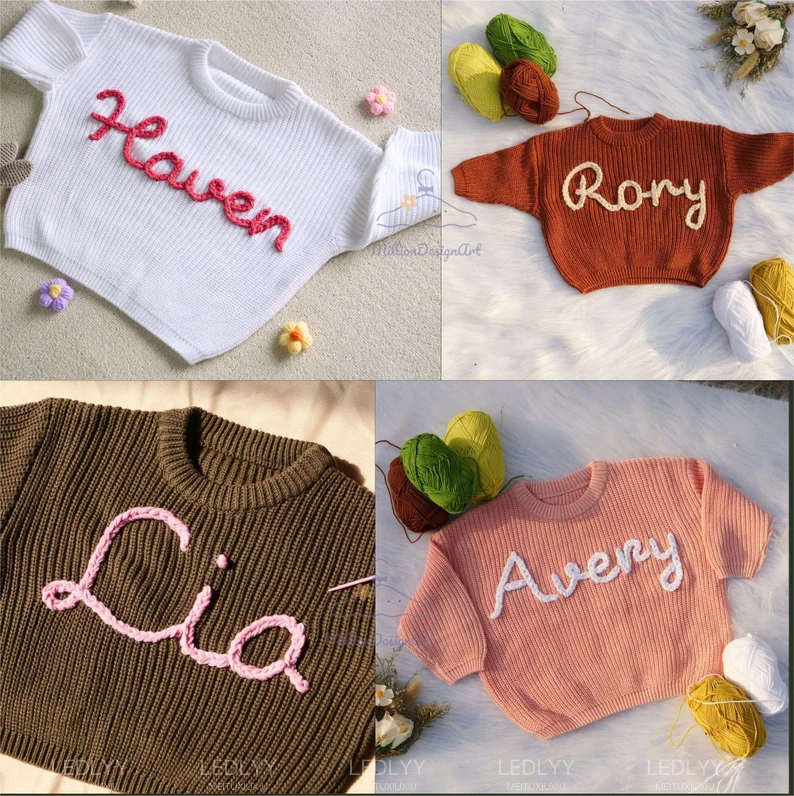 Four hand-embroidered name sweaters in white, rust, brown, and peach, each personalized with a different name