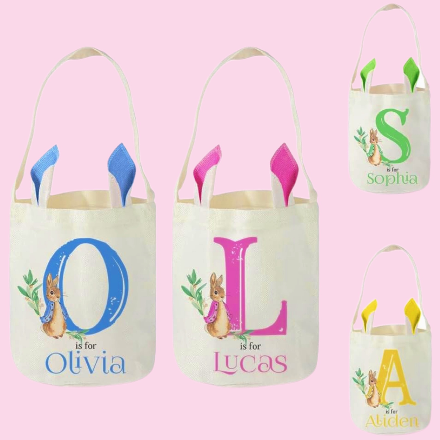 Custom Easter Baskets for Girls Boys Kids Bunny Ears Easter Bucket Bag with Initials and Name Personalized Easter Bag with Handles Kids Easter Bunny Basket Easter Egg Hunt Basket Easter Gift