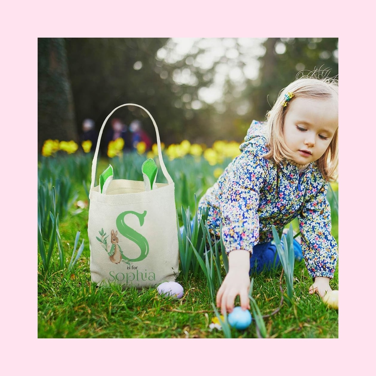 Custom Easter Baskets for Girls Boys Kids Bunny Ears Easter Bucket Bag with Initials and Name Personalized Easter Bag with Handles Kids Easter Bunny Basket Easter Egg Hunt Basket Easter Gift