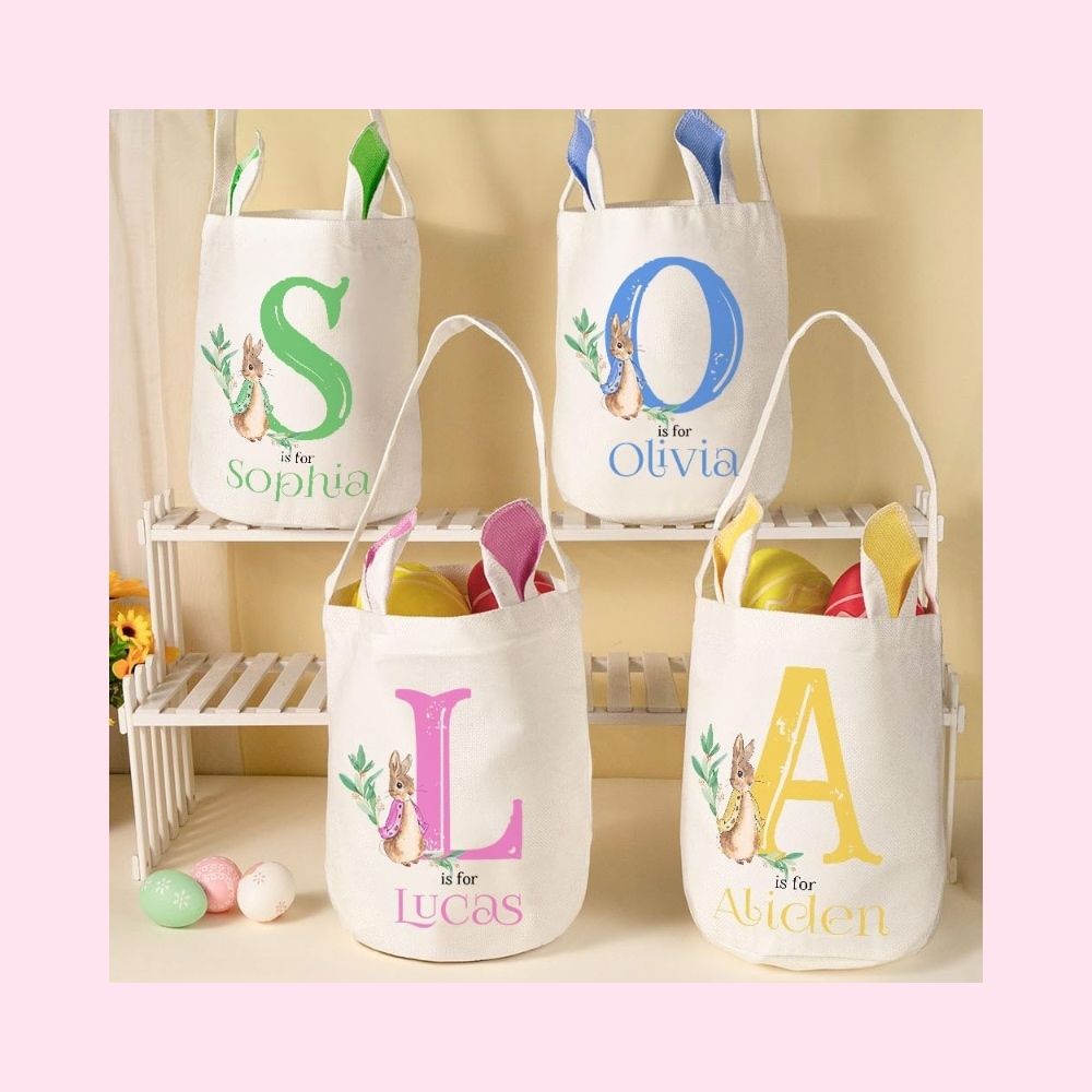 Custom Easter Baskets for Girls Boys Kids Bunny Ears Easter Bucket Bag with Initials and Name Personalized Easter Bag with Handles Kids Easter Bunny Basket Easter Egg Hunt Basket Easter Gift