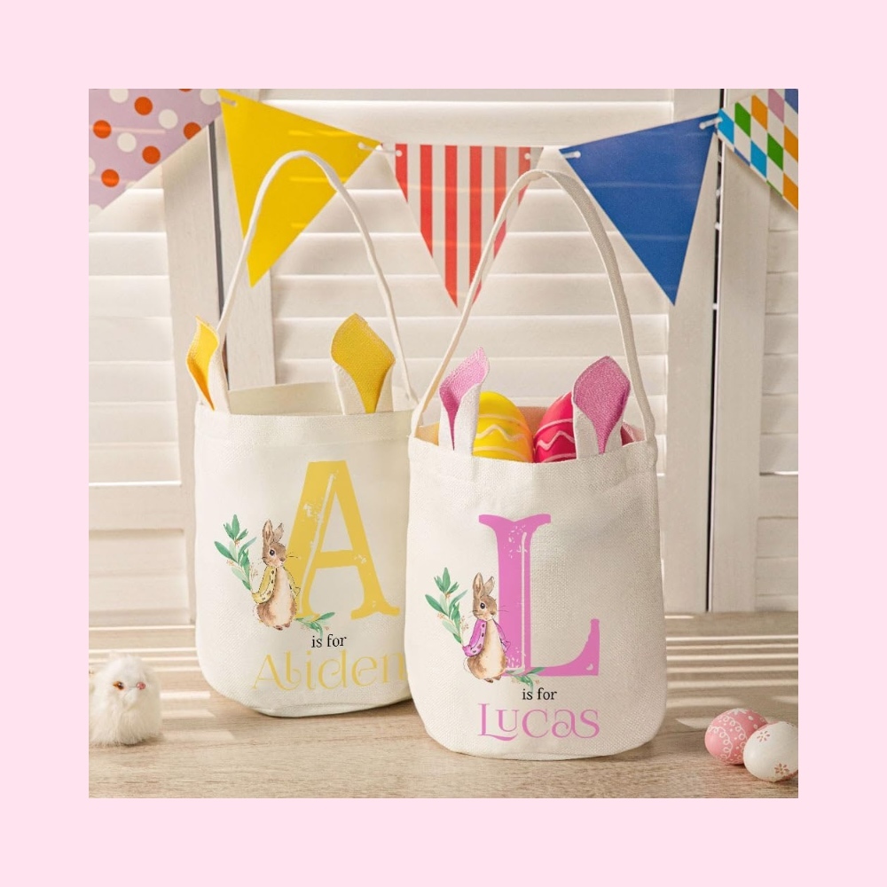 Custom Easter Baskets for Girls Boys Kids Bunny Ears Easter Bucket Bag with Initials and Name Personalized Easter Bag with Handles Kids Easter Bunny Basket Easter Egg Hunt Basket Easter Gift
