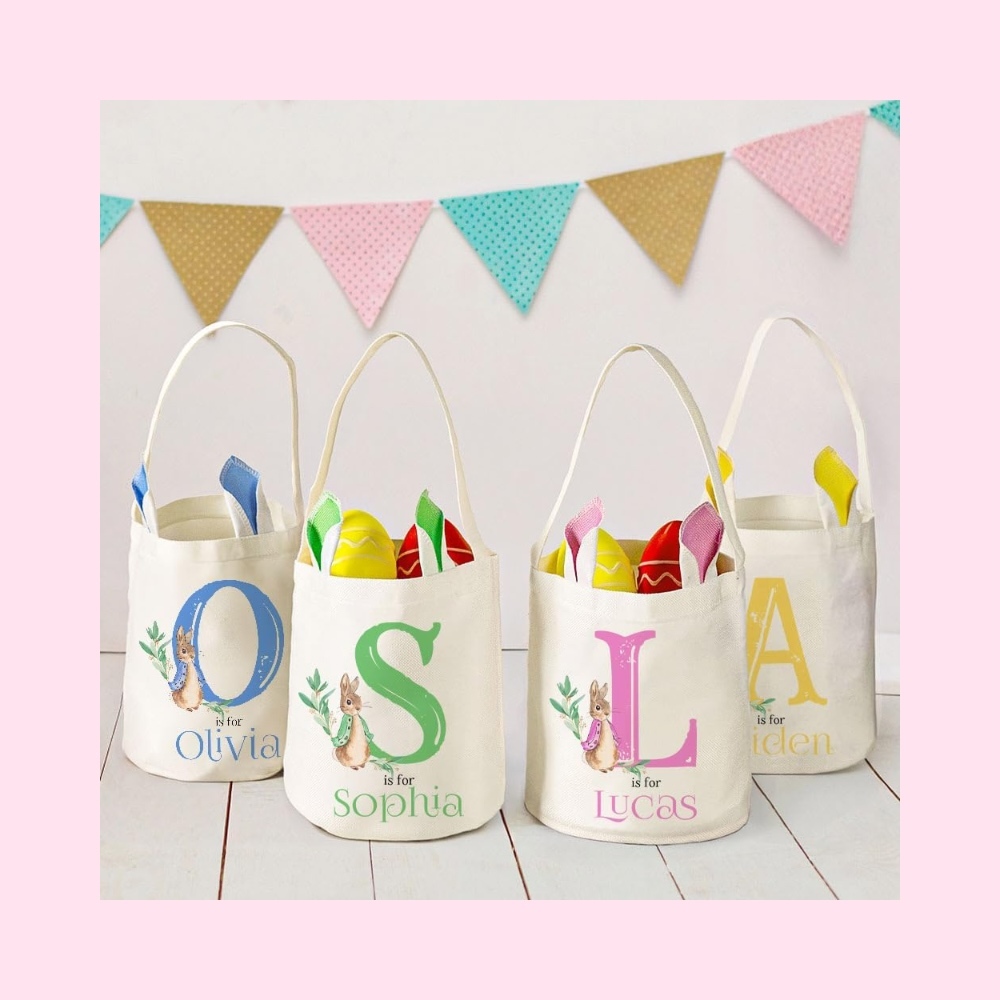 Custom Easter Baskets for Girls Boys Kids Bunny Ears Easter Bucket Bag with Initials and Name Personalized Easter Bag with Handles Kids Easter Bunny Basket Easter Egg Hunt Basket Easter Gift