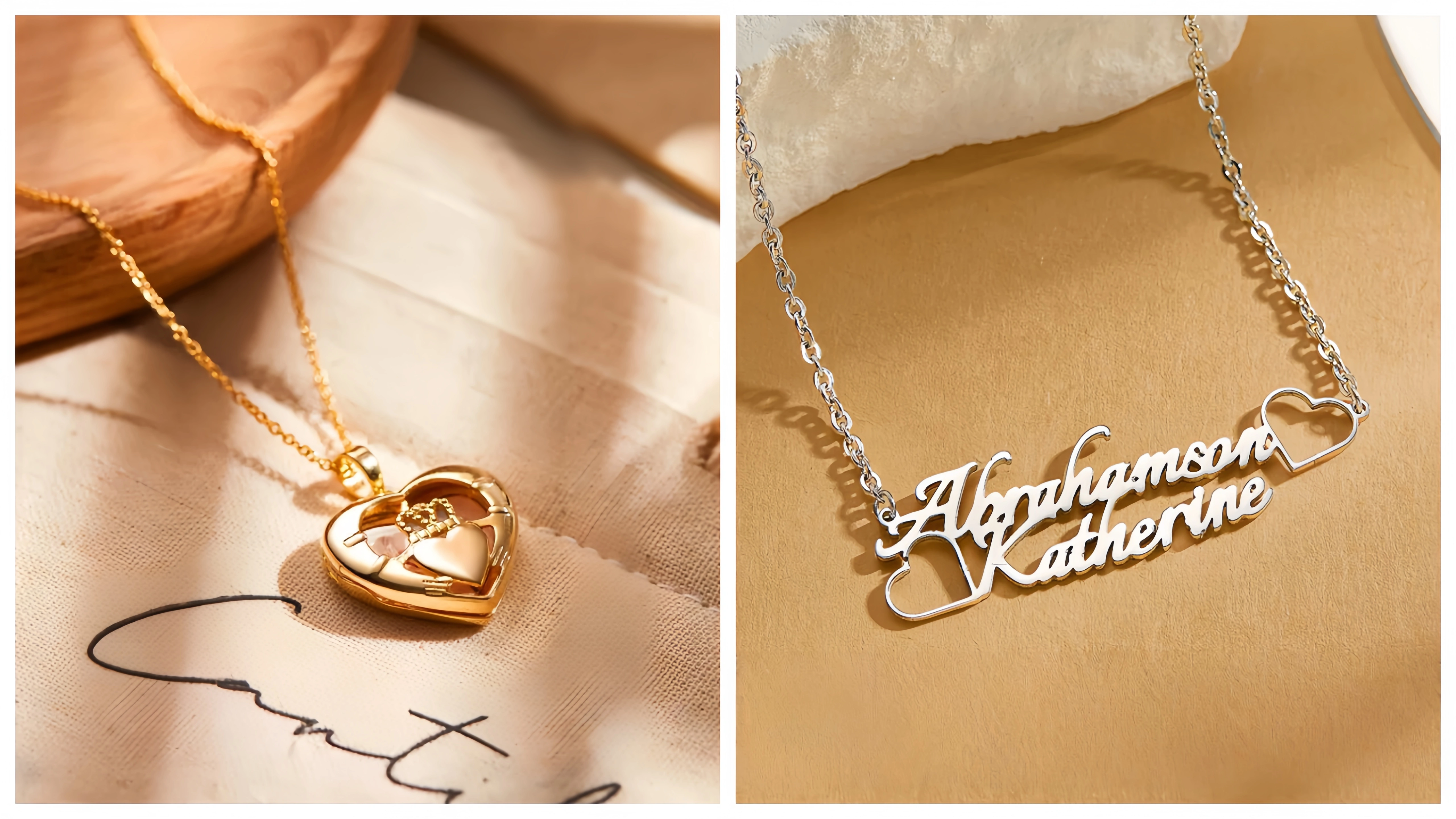 Left: photo engraved necklace with crown pendant. Right: name necklace with two love hearts. 