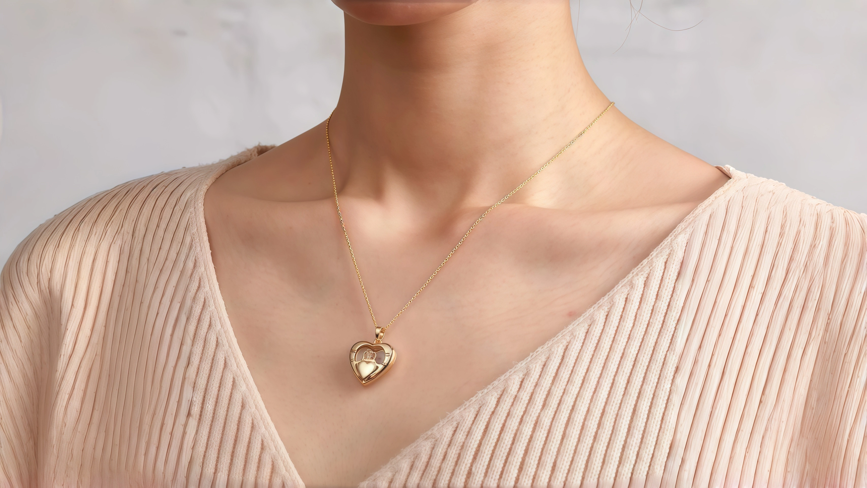 Custom Engraved Photo Necklace Love Crown Photo Pendant worn on neck showing personalized photo engraving and crown charm detail