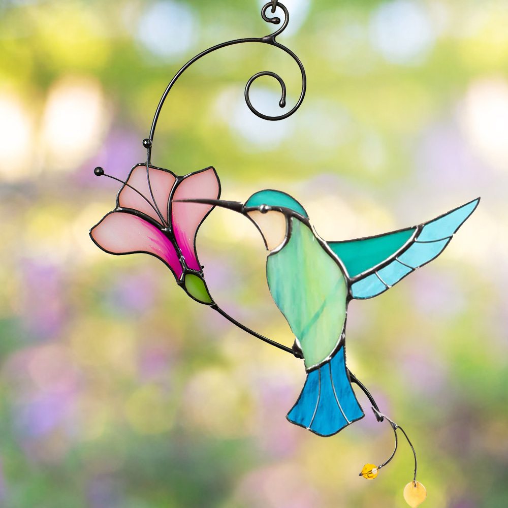 Glass Blue Bird Suncatcher with Flower - Unique Window & Wall Hanging Gift for Bird Lovers
