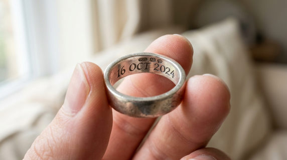 Macro close-up of the inside of a silver ring band showing a hand-engraved date, held between two fingers under soft window light