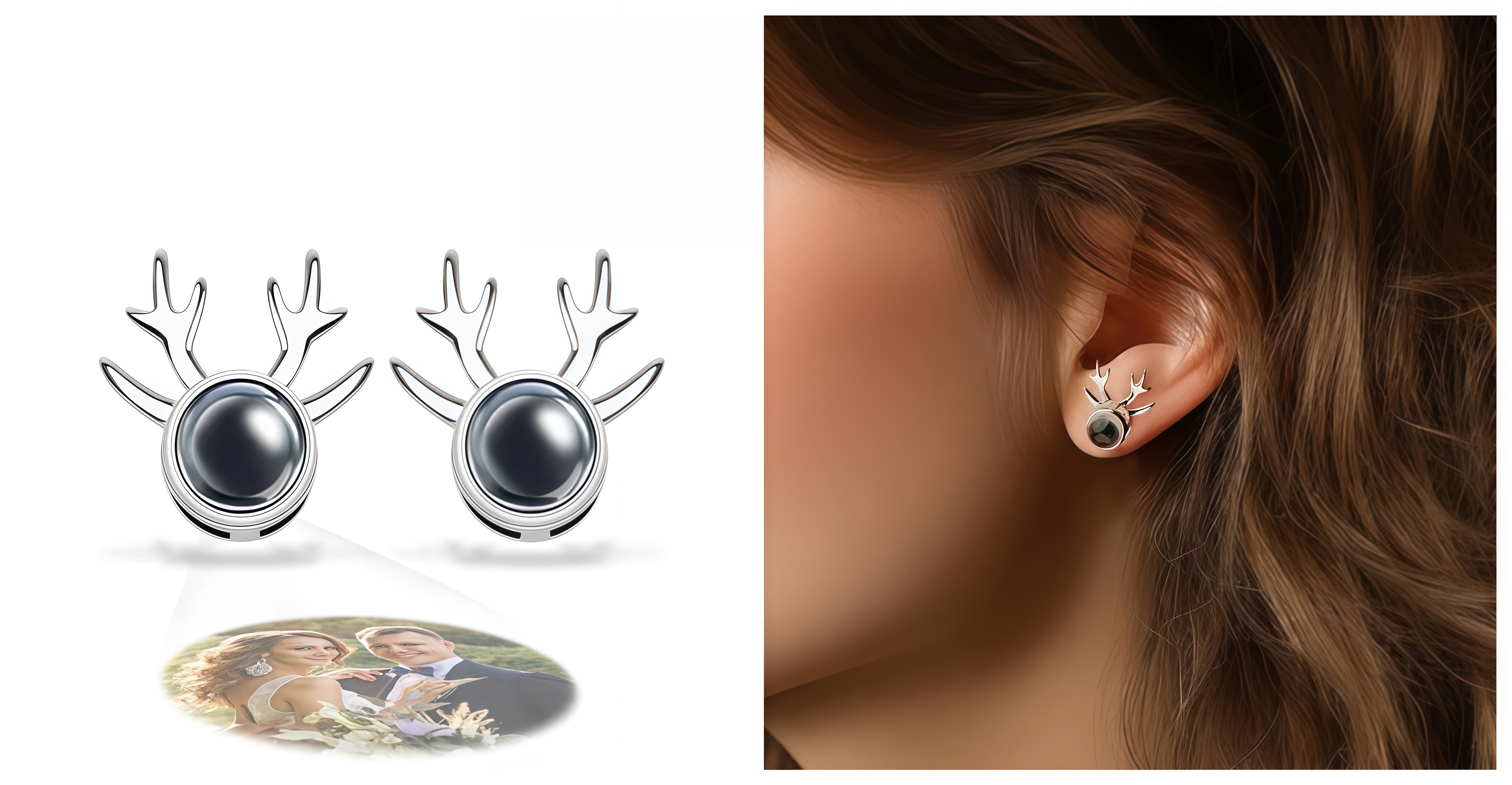 Left: projection effect. Right: woman wearing deer horn projection earrings, mystical glow, side profile.