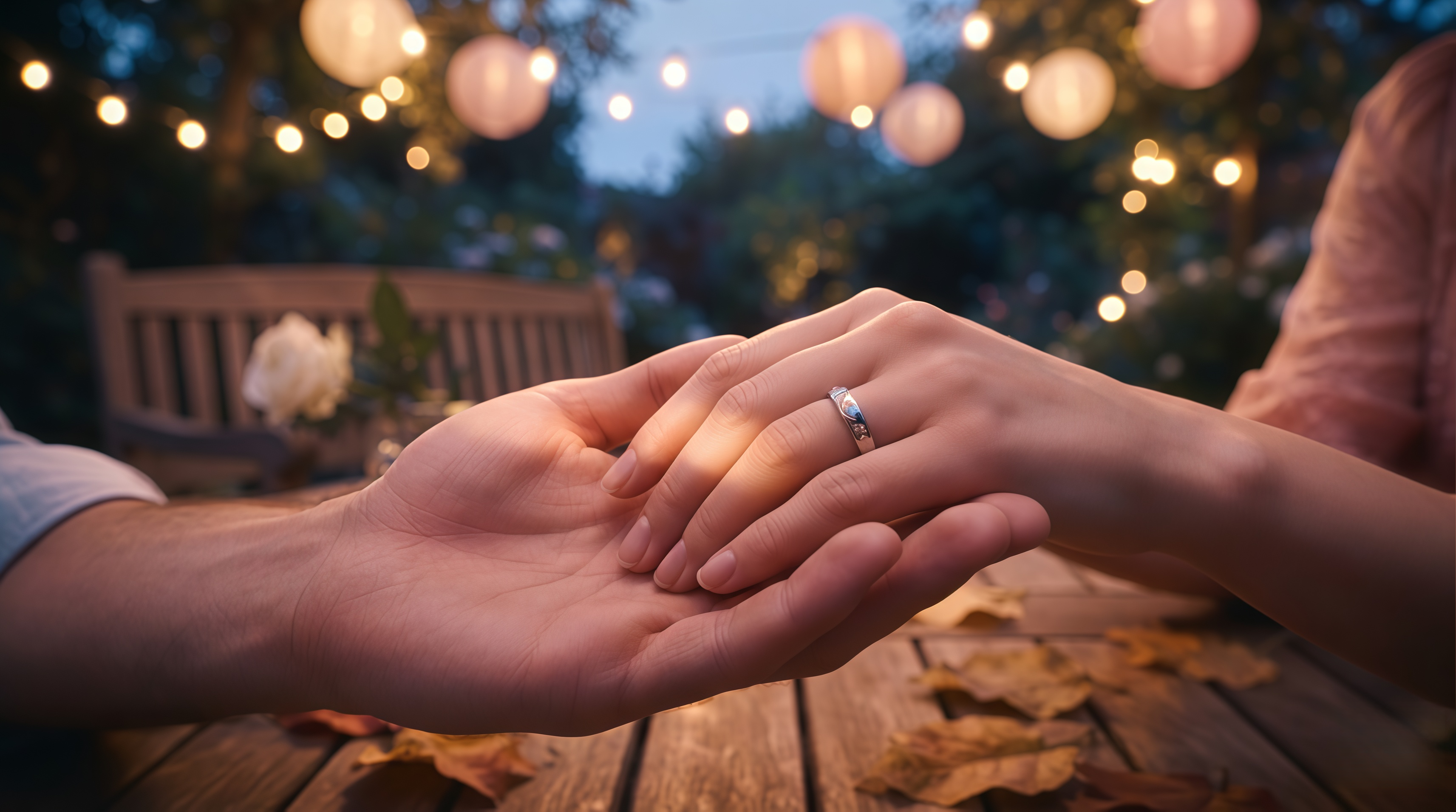 Couple's hands palm-to-palm in a twilight garden, wearing matching Sun and Moon promise rings, warm lantern light, romantic evening atmosphere.
