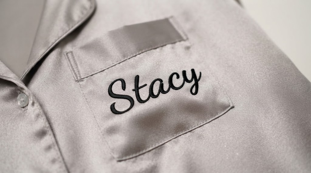 Personalized bridesmaid satin pajama set with monogram on the pocket