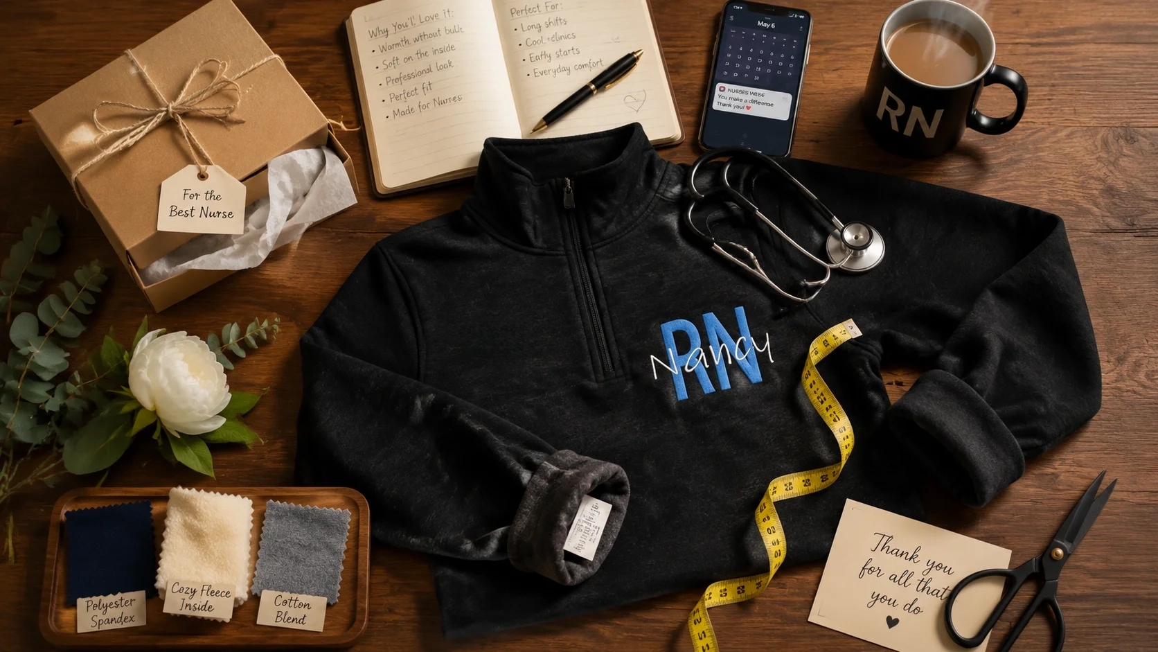 RN jacket complete guide cover scene with gift, medical, and tailoring props on a rustic table.