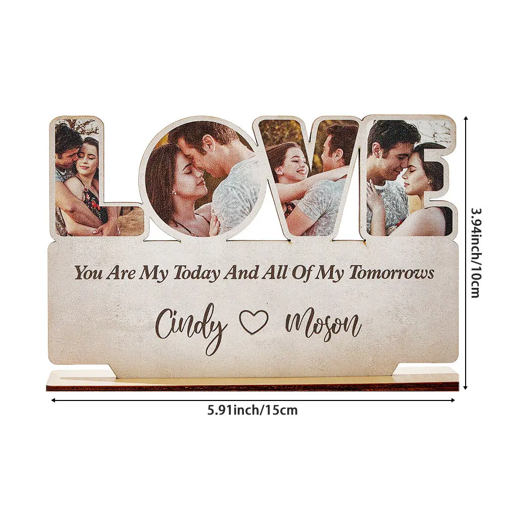 The LOVE photo plaque shown with measurement lines marking its width and height
