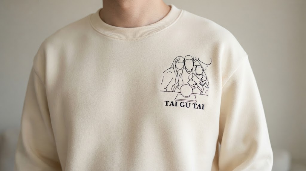Embroidered line drawing placed on the chest of a custom hoodie