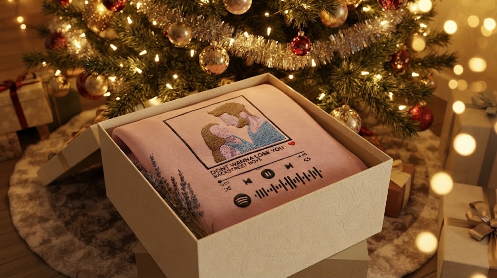Personalized Christmas hoodies wrapped as gifts under a tree