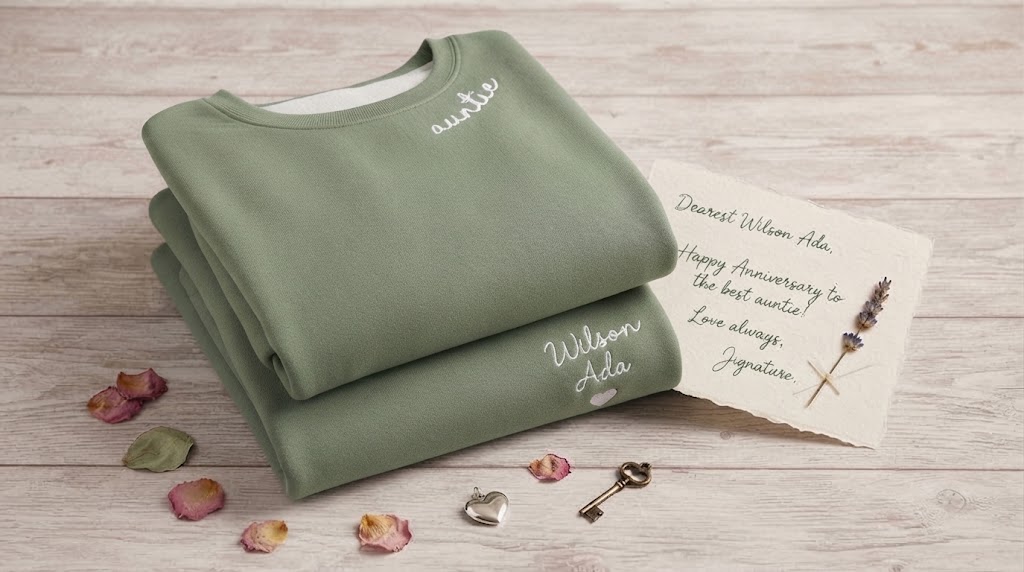 Two matching personalized hoodies folded together as an anniversary gift