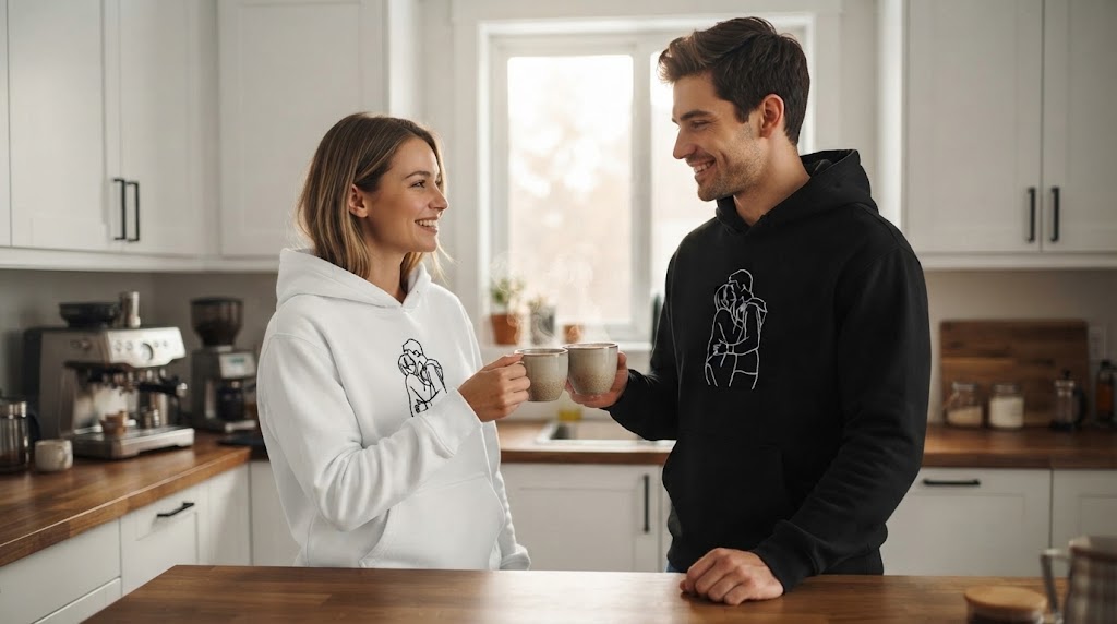 Couple in the kitchen wearing matching personalized hoodies for couples with different small details