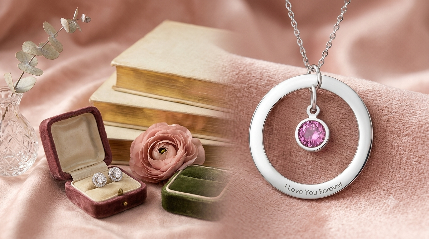 Personalized family birthstone necklaces in silver, gold, and rose gold with custom name engravings.