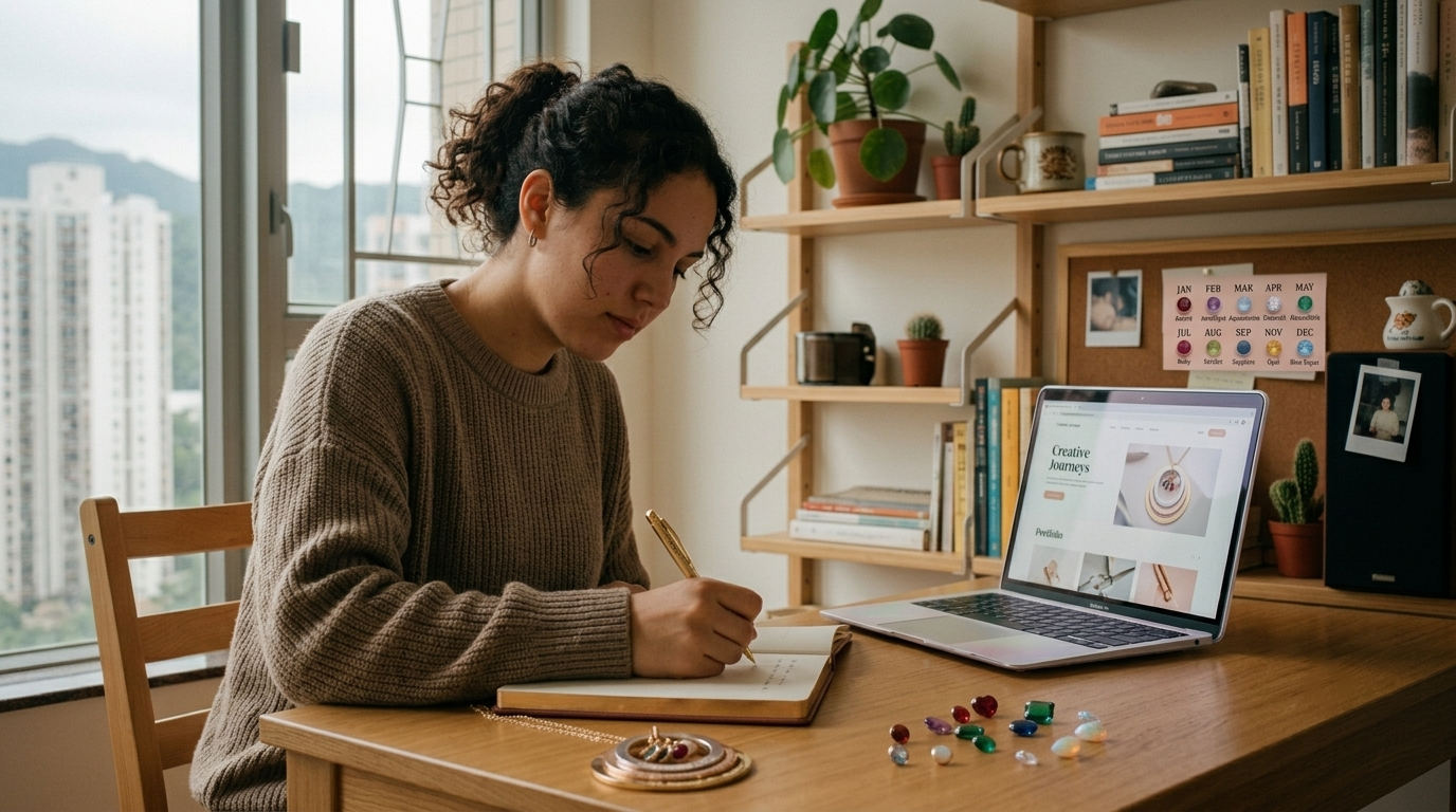 A creative workspace featuring a personalized necklace and modern digital tools, representing the blend of AI content creation and meaningful personal gifts.