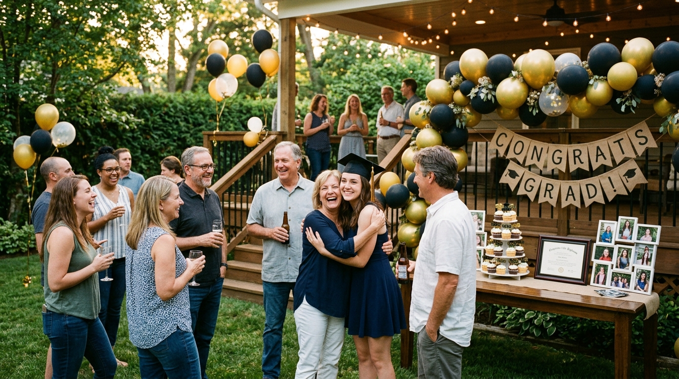 A backyard graduation party with balloons, banner, and family gathered in golden light