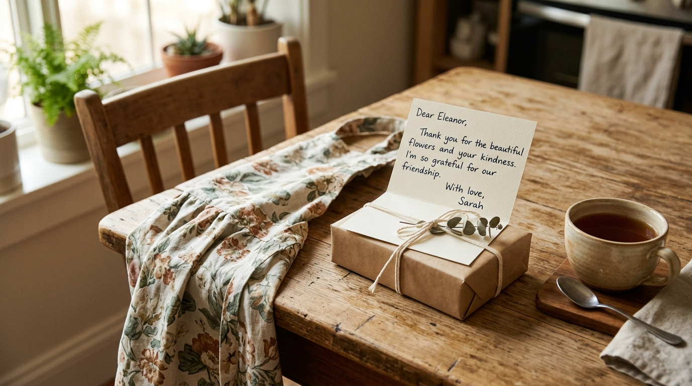 A thank you card on a gift box with a floral apron and tea on a wooden table