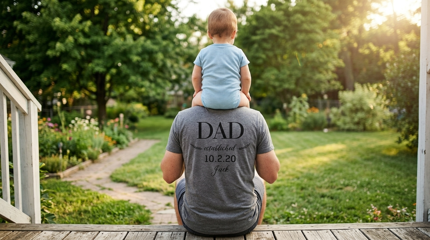 A father with his toddler on his shoulders, sitting on a porch in warm afternoon light