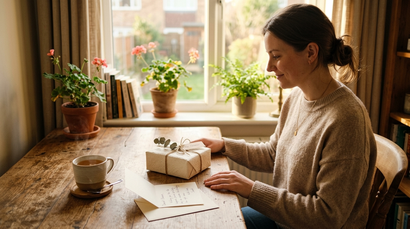 A person at a desk with a wrapped gift and handwritten card in warm afternoon light