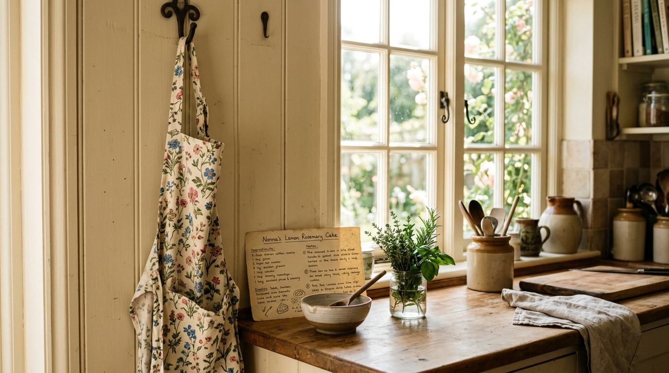 A floral apron hanging in a sunlit kitchen with herbs and a recipe card