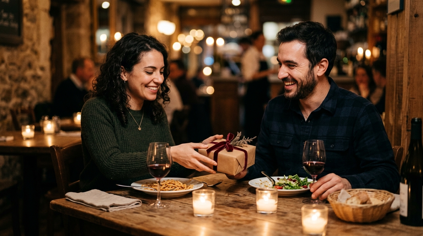 A couple at a candlelit dinner, one sliding a gift across the table