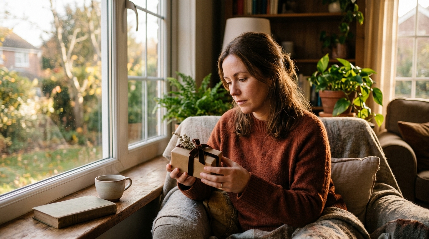 A person sitting by a window, thoughtfully holding a small gift box