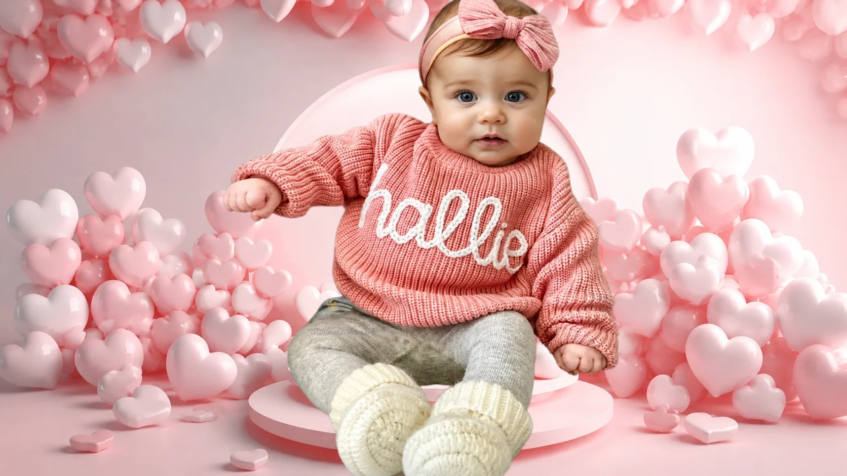 A baby wearing a dusty pink hand-embroidered sweater with the name "Hallie" stitched in cursive, wearing a pink bow headband