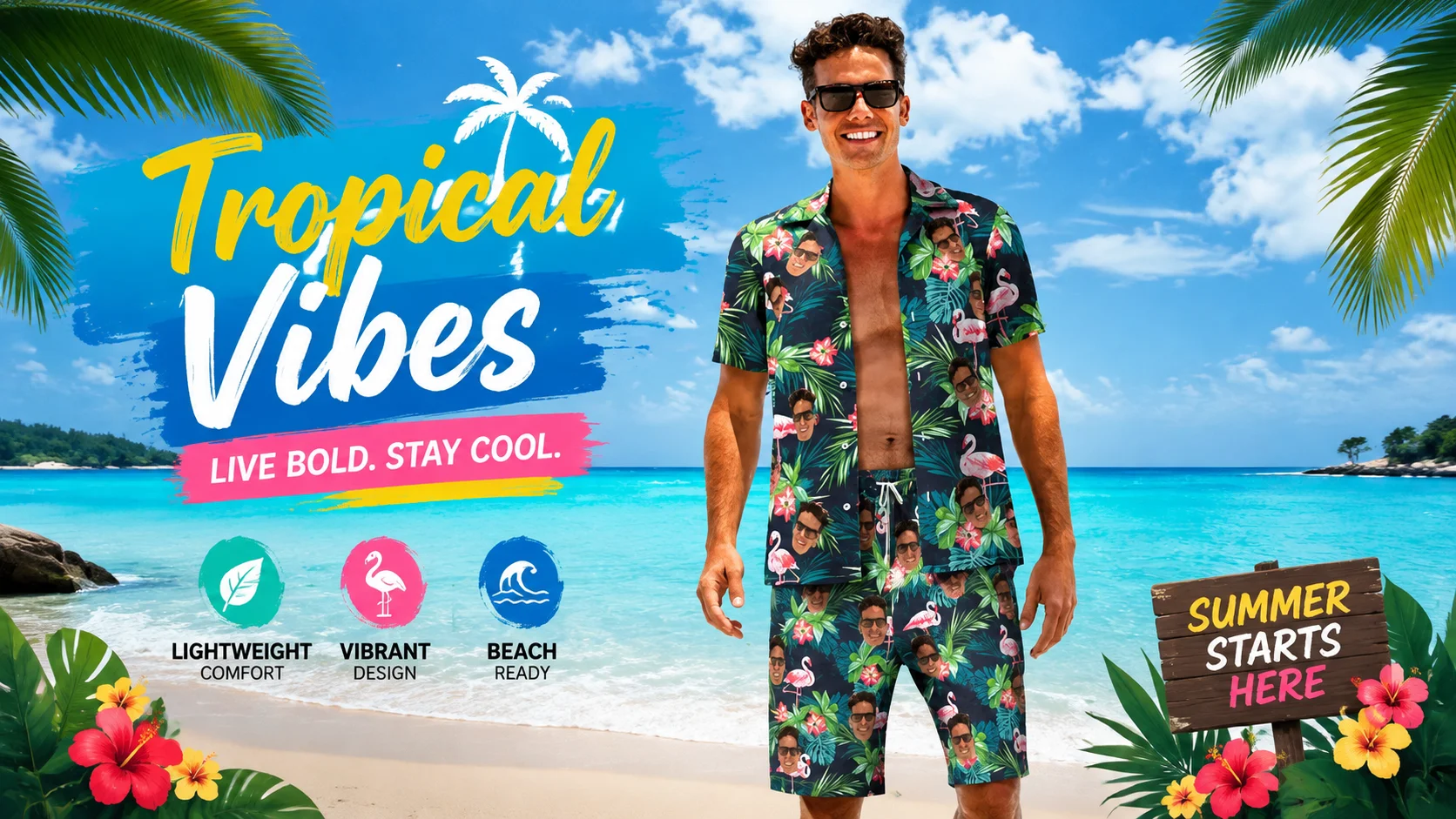 A man wearing a matching custom face Hawaiian shirt and beach shorts set, standing on a tropical beach with turquoise water