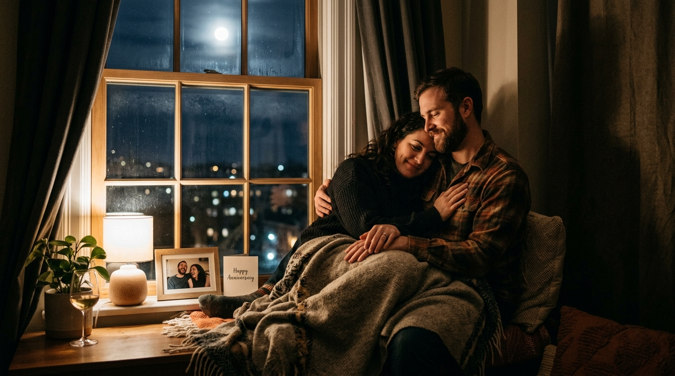  A couple sitting close together by a moonlit window at night