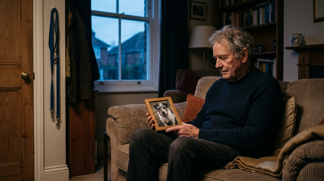  A person sitting alone at dusk, holding a small framed photo of their dog